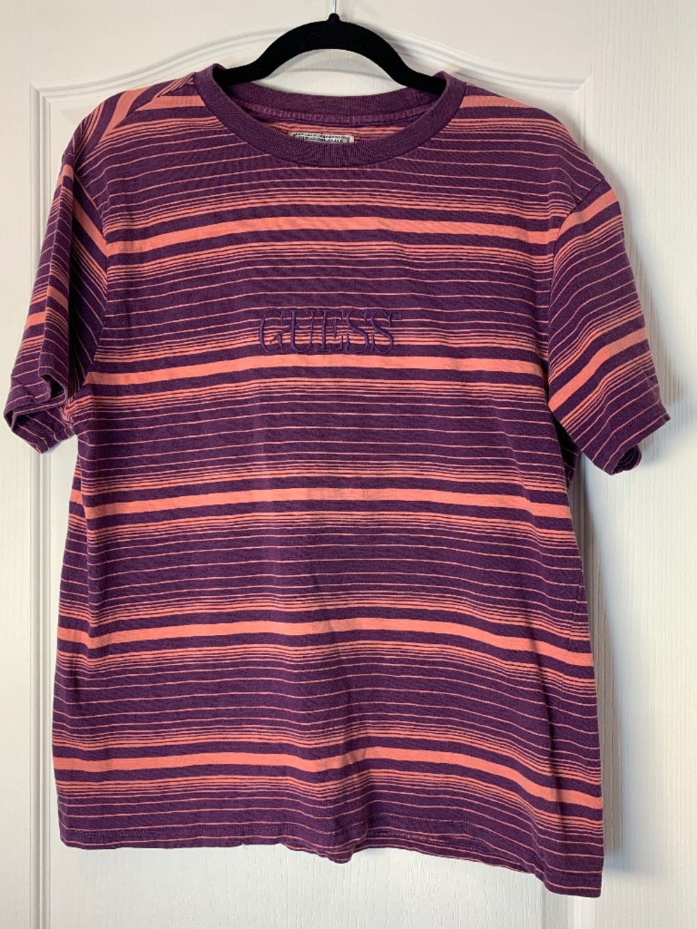 Guess‎ Originals Vintage Stripe Logo Tee Y2K Purple Coral Relaxed Fit XS